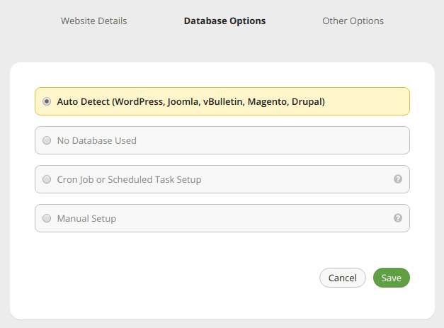 Screenshot database backup settings