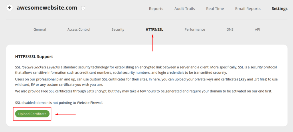 Upload a SSL certificate to the WAF